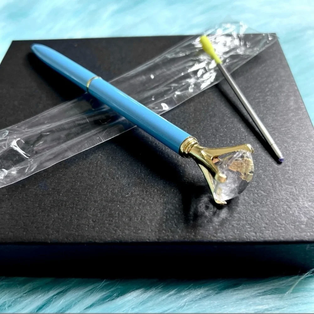 Diamond Top Metallic Blue Metal Ballpoint Pen + Black Ink Refill PinkRainCloud